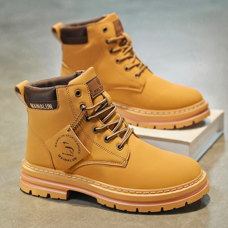 Men Shoes Boots - クラシックメンズハイカットブーツ高品質イエローレザーブーツファッションアウトドアスニーカーメンズレースアップ滑り止めアンクルブーツメンズ