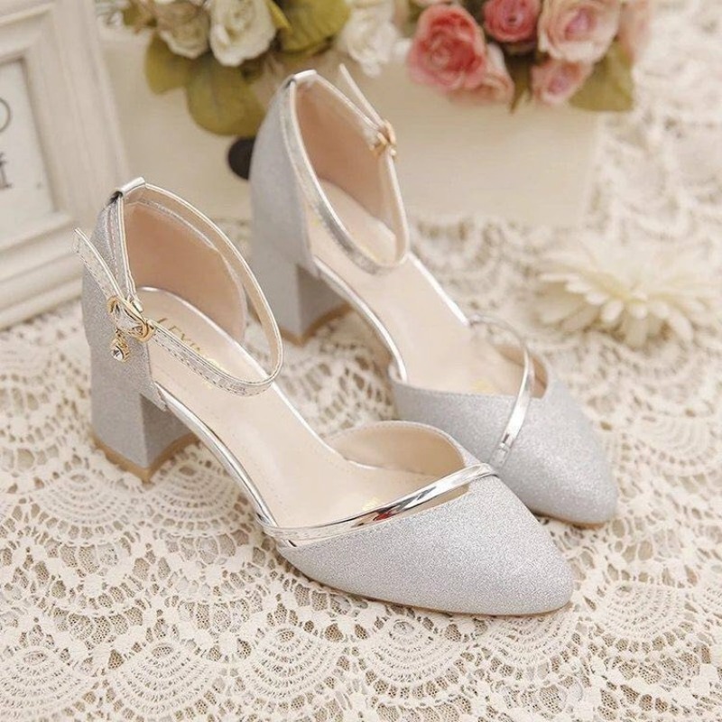 Dress Shoe Pointed - レディース グリッター チャンキーブロックヒール パンプス ラインストーン付きアンクルストラップ、クローズドポインテッドトゥ ドレスシューズ