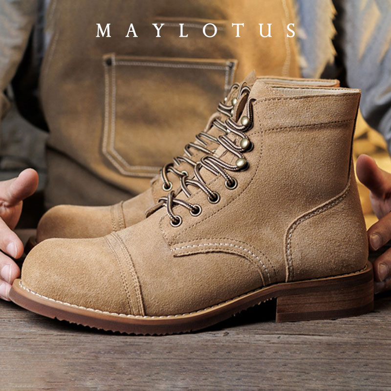 Men Shoes Boots - スエードブーツ グッドイヤーウェルト製法 モーターサイクル ラギッド ヘリテージブーツ ヴィンテージスエードレザー