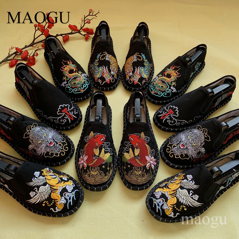 Loafer Slip On Men - ユニセックス中国風刺繍スリッポンシューズ、龍虎柄ステッチソールフラットローファー、伝統的なカジュアルメンズ・レディースシューズ