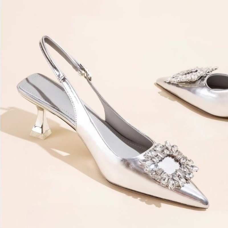 Dress Shoe Pointed - 夏のレディースサンダル、新作レディースシューズ、ポインテッドトゥ、浅履き、ヌードピンク、ダイヤモンドシューズ、ローヒール、バックストラップ、レディースドレスシューズ